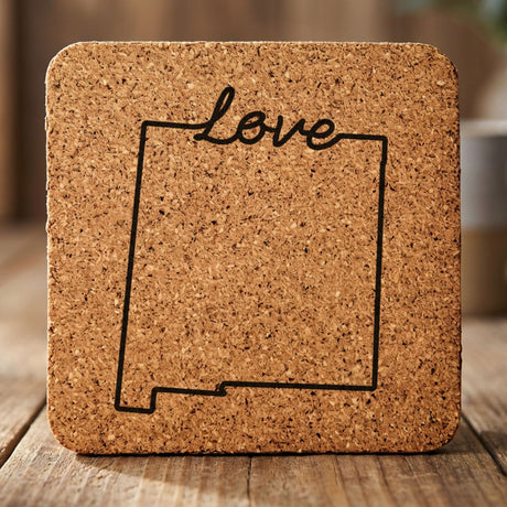 New Mexico square cork coaster engraved with a hand-drawn state outline and love in cursive
