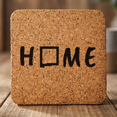 New Mexico square cork coaster engraved with HOME using the state outline as the letter O