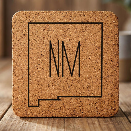 New Mexico square cork coaster engraved with the state outline and NM initials