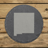 New Mexico round slate coaster with the full state shape engraved