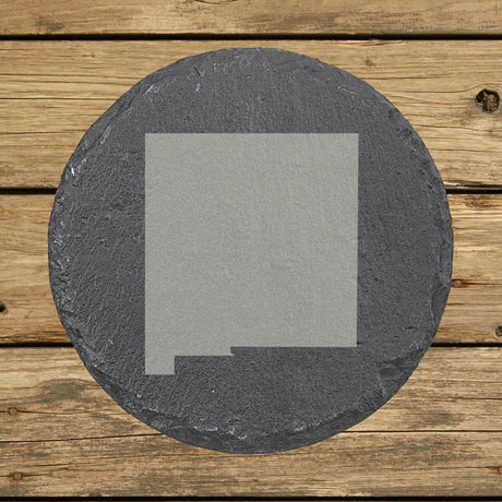 New Mexico round slate coaster with the full state shape engraved