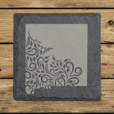 New Mexico square slate coaster engraved with the state shape in ornate floral scrollwork