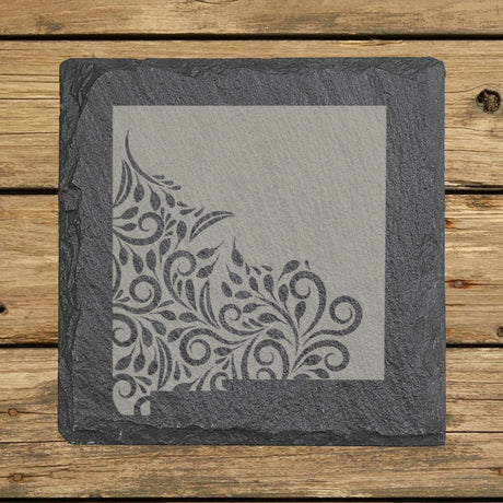 New Mexico square slate coaster engraved with the state shape in ornate floral scrollwork