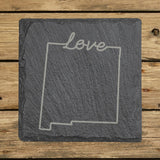 New Mexico square slate coaster engraved with a hand-drawn state outline and love in cursive