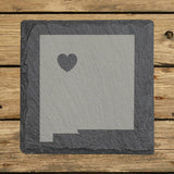 New Mexico square slate coaster engraved with the state shape and a heart