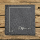 New Mexico square slate coaster engraved with the state outline and home in script with a heart