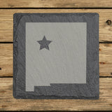 New Mexico square slate coaster engraved with the state shape and a star