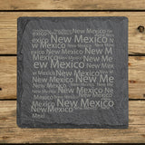 New Mexico square slate coaster engraved with a word cloud of repeating New Mexico text