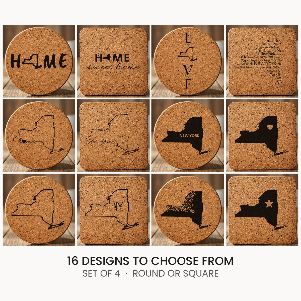 New York cork coaster set, laser engraved natural cork