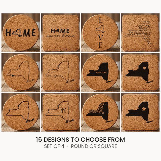 New York cork coaster set, laser engraved natural cork