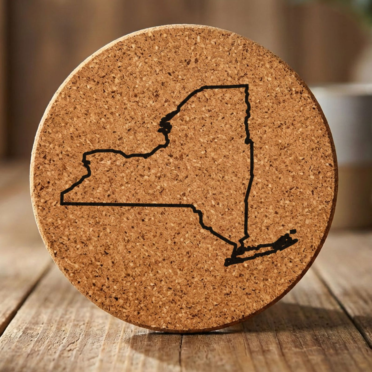 New York round cork coaster engraved with a clean state outline