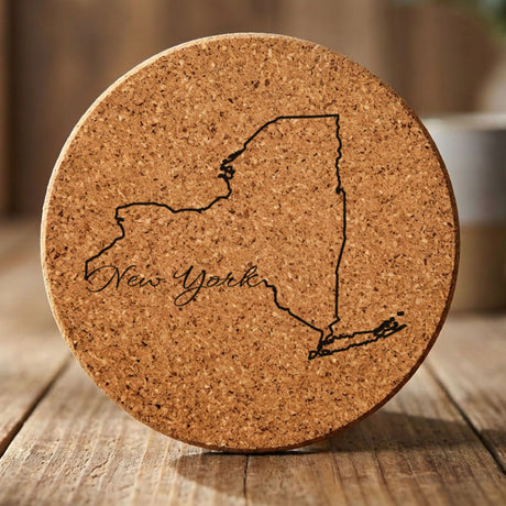 New York round cork coaster engraved with the state outline and New York in script lettering