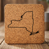 New York square cork coaster engraved with a clean state outline