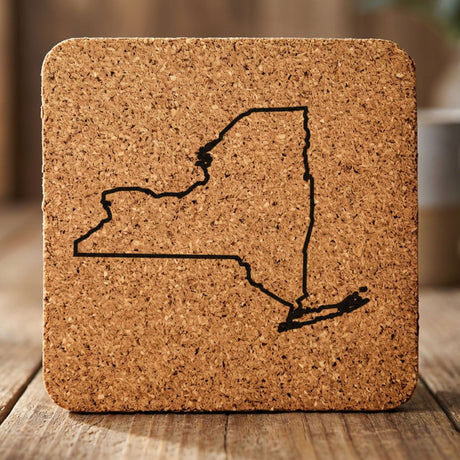 New York square cork coaster engraved with a clean state outline