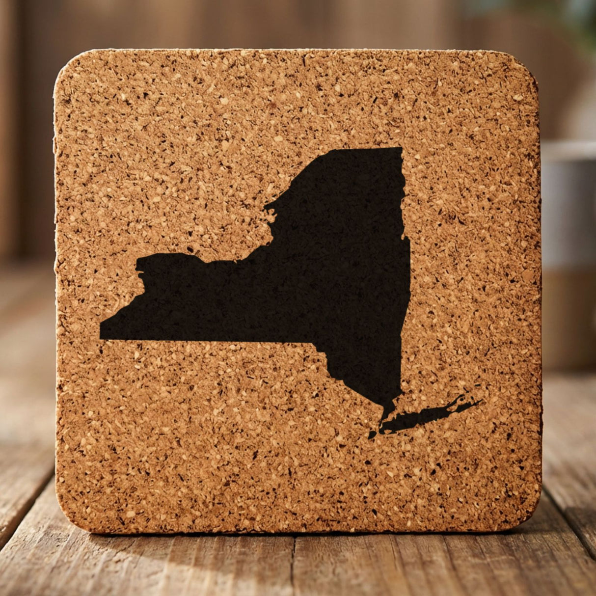 New York square cork coaster with the full state shape engraved