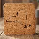 New York square cork coaster engraved with the state outline and est. 1624