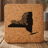 New York square cork coaster engraved with the state shape in ornate floral scrollwork