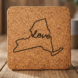 New York square cork coaster engraved with a hand-drawn state outline and love in cursive