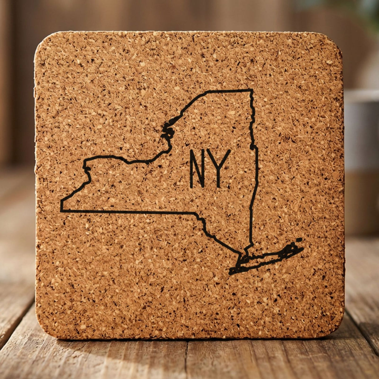 New York square cork coaster engraved with the state outline and NY initials