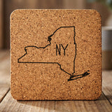 New York square cork coaster engraved with the state outline and NY initials