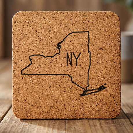 New York square cork coaster engraved with the state outline and NY initials