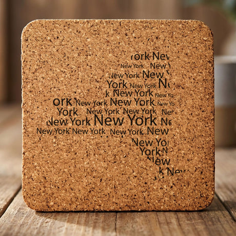 New York square cork coaster engraved with a word cloud of repeating New York text