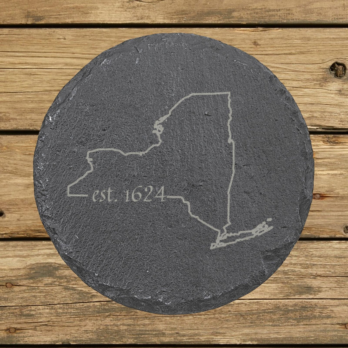 New York round slate coaster engraved with the state outline and est. 1624