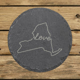 New York round slate coaster engraved with a hand-drawn state outline and love in cursive