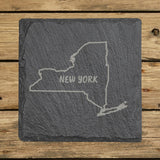 New York square slate coaster engraved with the state outline and NEW YORK in hand-drawn brush lettering
