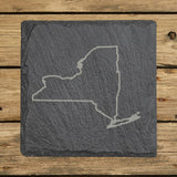 New York square slate coaster engraved with a clean state outline