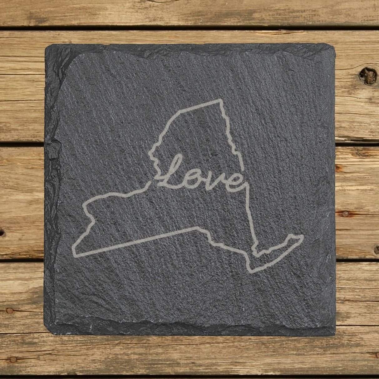 New York square slate coaster engraved with a hand-drawn state outline and love in cursive