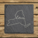 New York square slate coaster engraved with a hand-drawn state outline and love in cursive