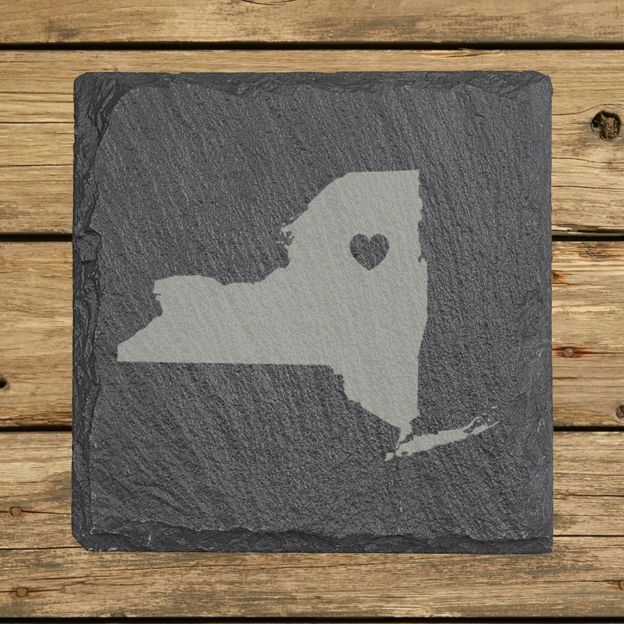 New York square slate coaster engraved with the state shape and a heart