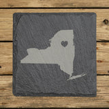 New York square slate coaster engraved with the state shape and a heart