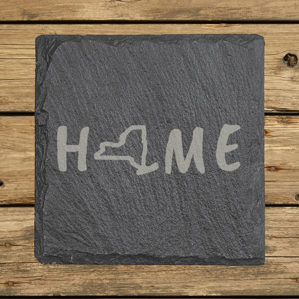 New York square slate coaster engraved with HOME using the state outline as the letter O