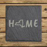 New York square slate coaster engraved with HOME using the state outline as the letter O