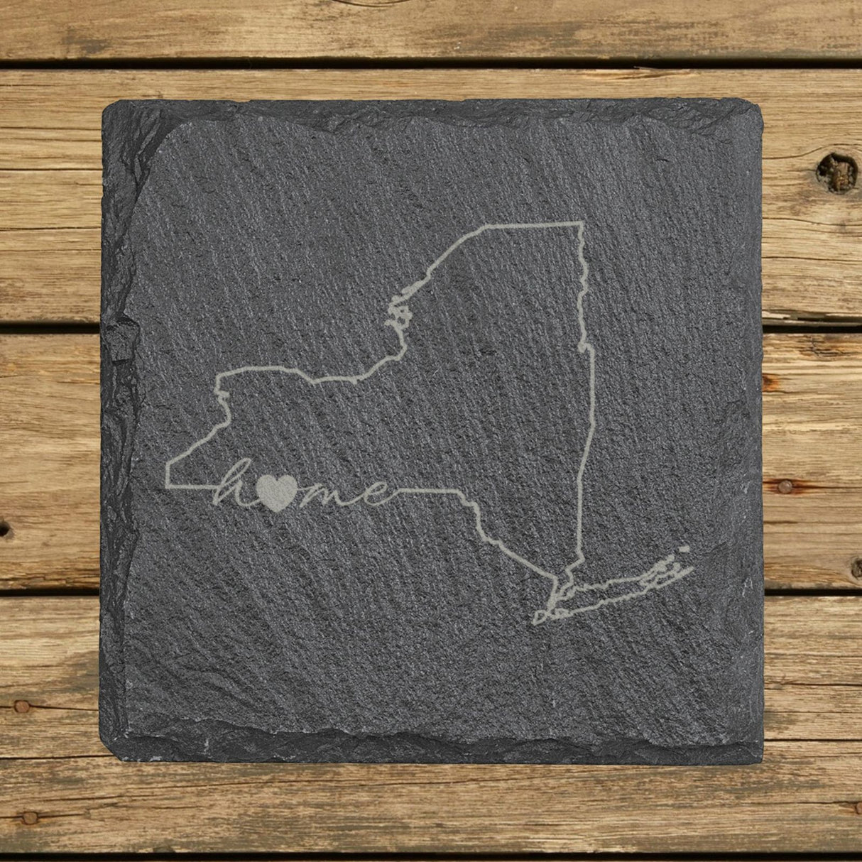 New York square slate coaster engraved with the state outline and home in script with a heart