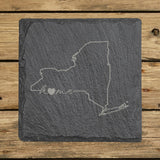 New York square slate coaster engraved with the state outline and home in script with a heart