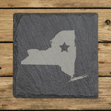 New York square slate coaster engraved with the state shape and a star