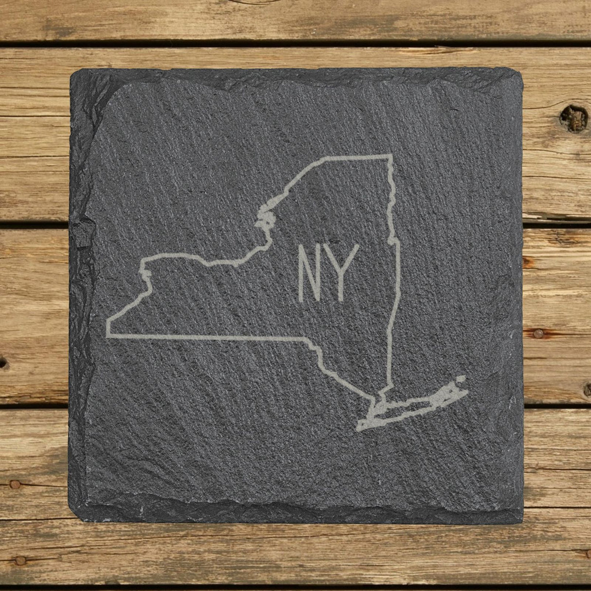 New York square slate coaster engraved with the state outline and NY initials
