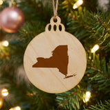 New York round wood Christmas ornament with the full state shape engraved