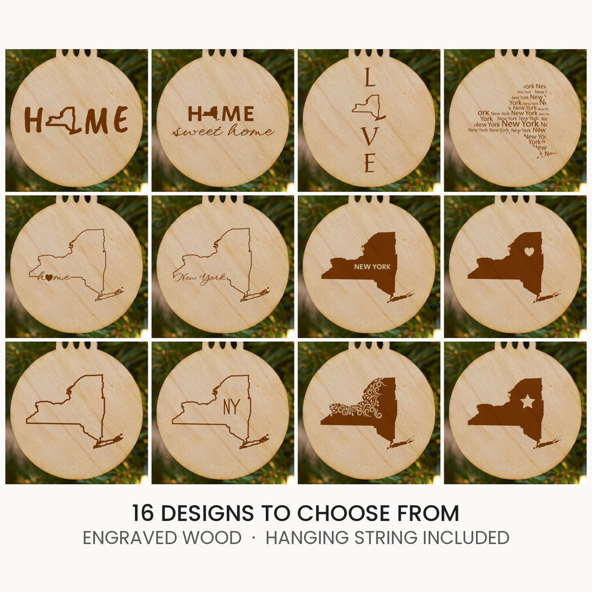New York wood Christmas ornament, laser engraved natural wood