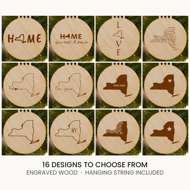 New York wood Christmas ornament, laser engraved natural wood