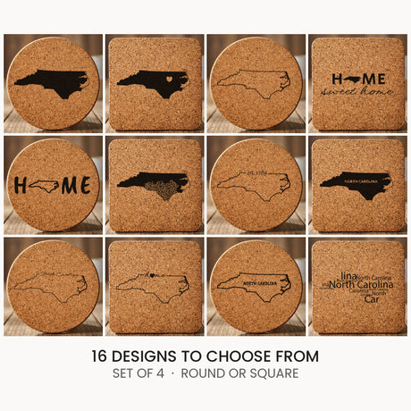North Carolina cork coaster set, laser engraved natural cork