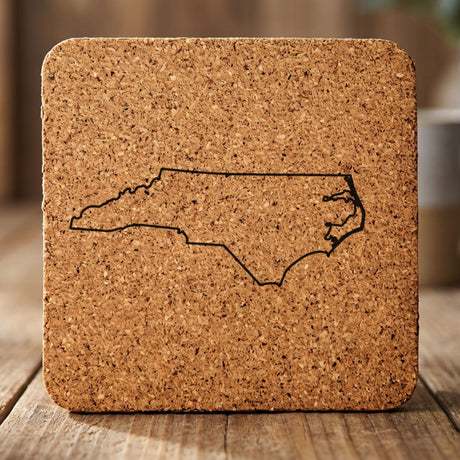 North Carolina square cork coaster engraved with a clean state outline