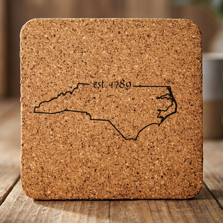 North Carolina square cork coaster engraved with the state outline and est. 1789