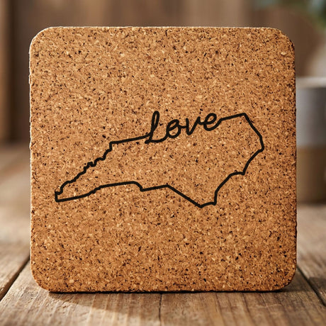 North Carolina square cork coaster engraved with a hand-drawn state outline and love in cursive