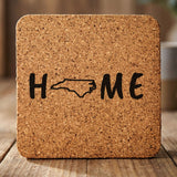 North Carolina square cork coaster engraved with HOME using the state outline as the letter O