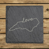 North Carolina square slate coaster engraved with a hand-drawn state outline and love in cursive