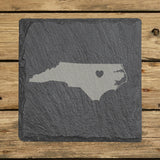 North Carolina square slate coaster engraved with the state shape and a heart